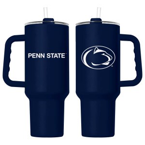 navy travel mug with Penn State on one side, Athletic Logo on other